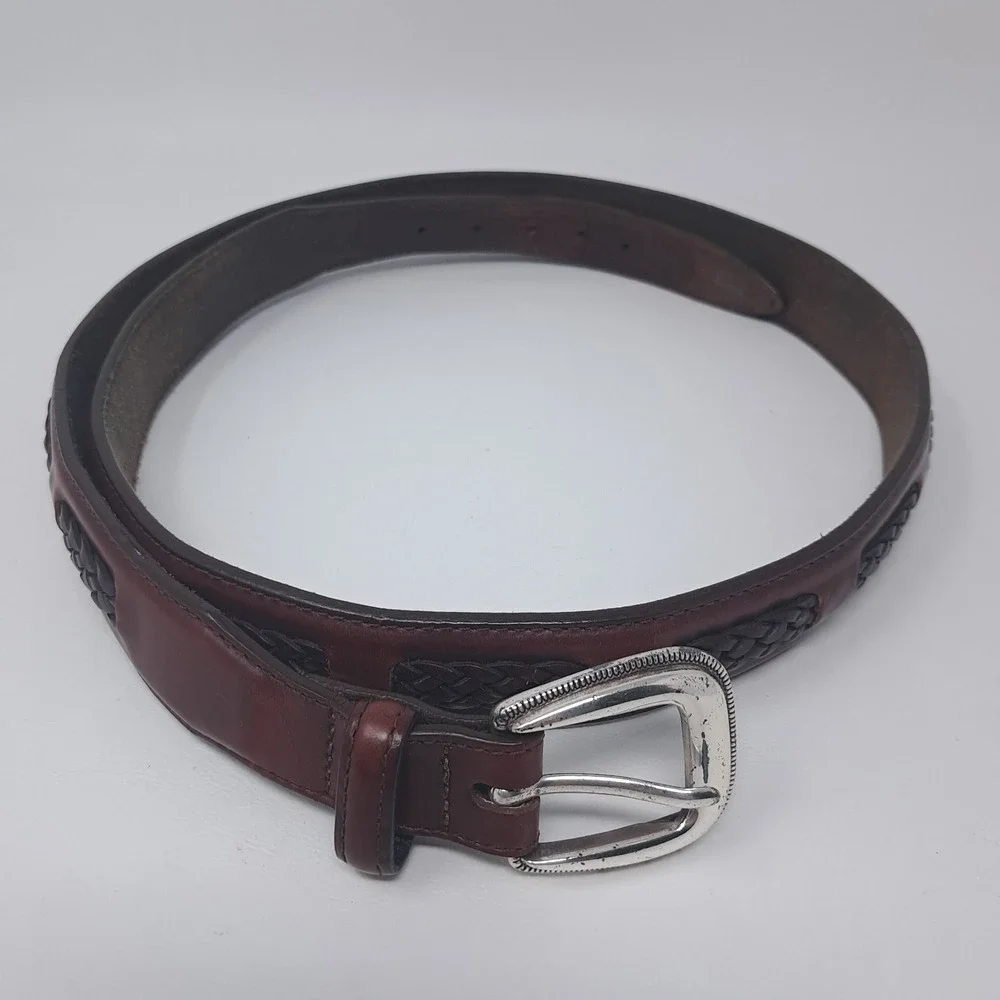 Vintage Brighton Mens Leather Belt 42 Brown Braided Inlay Western 90107